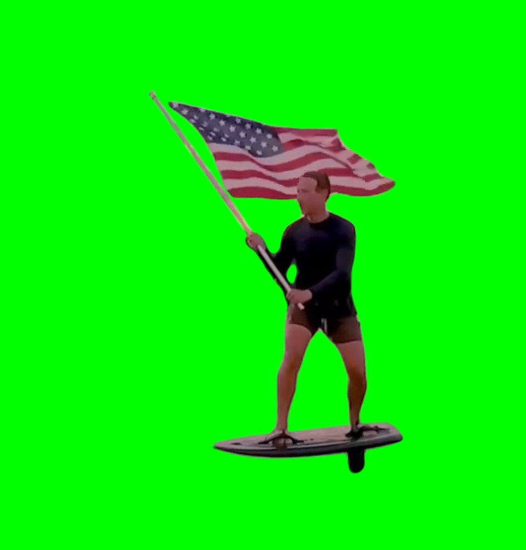 Mark Zuckerberg surfing while holding an American flag (Green Screen)